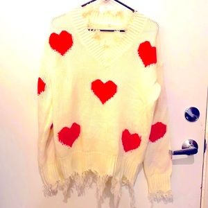 Distressed acrylic sweater w/red hearts-XL